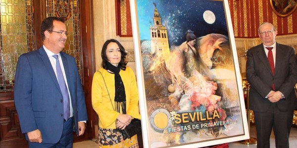 La pintora Isabel Sola realiza una obra alegórica ejecutada con acrílicos, óleo y albero para el cartel de las Fiestas de Primavera 2019 del Ayuntamiento de Sevilla