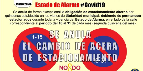 El Ayuntamiento anula la obligación del estacionamiento alterno en 160 calles de la ciudad y establece para todo el periodo del Estado de Alarma el aparcamiento correspondiente al lado de la segunda quincena del mes