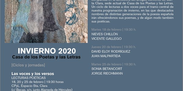 Nieves Chillón y Vicente Gallego inauguran esta semana el ciclo ‘Las voces y los versos’ de la Casa de los Poetas y las Letras