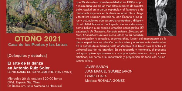La Casa de los Poetas y las Letras dedica su cita semanal al arte de la danza en Antonio Ruiz Soler