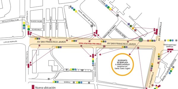 Lipasam reubica todos sus contenedores de las avenidas Ramón y Cajal y San Francisco Javier y la calle Espinosa y Cárcel por las obras de ampliación del Metrocentro y de renovación de las redes de agua y construcción del corredor verde