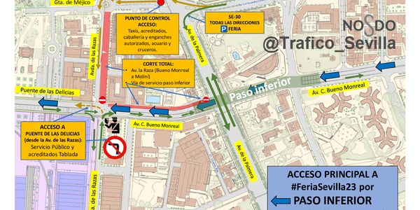 El Ayuntamiento activa el próximo sábado el Plan Especial de Movilidad de la Feria de 2023 con el objetivo de garantizar la fluidez y fomentar el uso del transporte público con alternativas a la Avenida de Las Razas por el paso de Cardenal Bueno Monreal hacia el Puente de las Delicias y la salida en todos los sentidos a través de la Carretera de la Esclusa