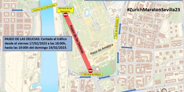 El Ayuntamiento activa desde mañana a las 18.00 horas un plan especial de tráfico para el Zurich Maratón del domingo y el partido del Betis del sábado que se inicia con el corte del Paseo de las Delicias y rutas alternativas para acceder al Benito Villamarín