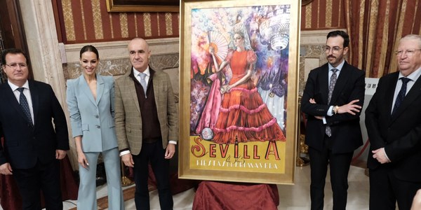 El pintor José Tomás Pérez Indiano representa en el cartel de las Fiestas de Primavera del Ayuntamiento de 2023 un poema “a la pasión y a la fuerza” con la que la ciudad vive sus días más esperados con la figura de la mujer sevillana como protagonista