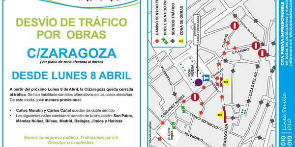 Activación de los cortes de tráfico en la calle Zaragoza con motivo de las obras de renovación de redes de Emasesa