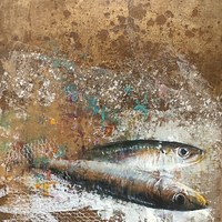 09 ALBERTO CARRILLO, Sardinas, Técnica mixta sobre tabla, 40x30 cm