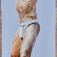 24. JOSÉ ANTONIO JIMÉNEZ MUÑOZ - "El Guerrero". Óleo sobre tabla. 45 x 14 cms.