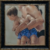31 MANUEL MENA Y BRAVO, Madonna Playera, Óleo sobre cartón gris, 50x50 cm
