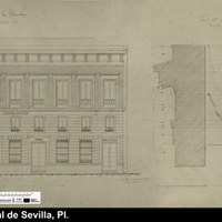 Plano (alzado) de la fachada del edificio hacia la calle Alhóndiga, con varias dependencias municipales: escuela de párvulos, farmacia, análisis y desinfección. 1899. ©ICAS-SAHP, Archivo Municipal de Sevilla, Pl.