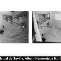 Instalaciones destinadas al Servicio de Archivo, Hemeroteca y Publicaciones tras la restauración del edificio proyectada por los arquitectos Antonio Cruz y Antonio Ortiz. 1987. ©ICAS-SAHP, Fototeca Municipal de Sevilla, Álbum Hemeroteca Municipal