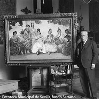 3.- Gonzalo Bilbao posa en su estudio junto a una de sus obras. El estudio del pintor estaba situado en su domicilio particular, en la actual calle que lleva su nombre, esquina a Amador de los Ríos. 1932. ©ICAS-SAHP, Fototeca Municipal de Sevilla, fondo Serrano