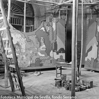 2.- Estudio in situ de Gustavo Bacarisas en el Salón de la Industria del Pabellón de Argentina. Bacarisas fue el autor del cartel oficial de la Exposición Iberoamericana de 1929, de estilo modernista. 1928 ©ICAS-SAHP, Fototeca Municipal de Sevilla, fondo Serrano