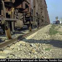 Vías del tren de San Jerónimo en las cercanías de la estación conocida como Sevilla-Empalme. En la década de 1990 fue clausurado el ramal que iba a la estación de Plaza de Armas. Sobre este se abrió la actual avenida San Jerónimo. 1992. ©ICAS-SAHP, Fototeca Municipal de Sevilla, fondo Gasán
