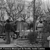 Entre los años 1975 y 2004 la Alameda acogía la celebración de un populoso mercadillo la mañana de los domingos que  reunía a vendedores ambulantes de todo tipo.  ©ICAS-SAHP, Fototeca Municipal de Sevilla, fondo Cubiles