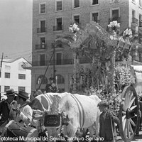Carreta de la Hermandad del Rocío de Sevilla, con la imagen de la Virgen del Rocío que recibe culto en la parroquia de El Salvador, por la avenida de la República Argentina a la altura de la calle Virgen de las Huertas. Detrás, la fábrica de bombillas de la calle Salado. 1953 ©ICAS-SAHP, Fototeca Municipal de Sevilla, archivo Serrano