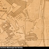 Detalle del plano de 1848 en el que se aprecia el entorno de la Puerta de Jerez junto al arroyo Tagarete. Ésta fue derribada con los paños de muralla a los que se unía en 1864 con motivo del ensanche llevado a cabo en la segunda mitad del siglo XIX. Plano de Sevilla dedicado a Luis Sartórius (1848) (MAS, Pl. II-8-26). ©ICAS-SAHP, Archivo Municipal de Sevilla