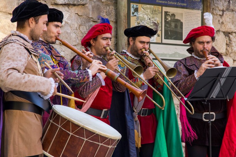 Musicians playing historical instruments during the International Festival of Ancient Music in Sevilla, reviving classical melodies in a historic setting.